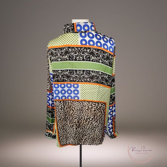 Kaktus XL Patchwork Print Button Front Tie Blouse - Picture 2 of 8